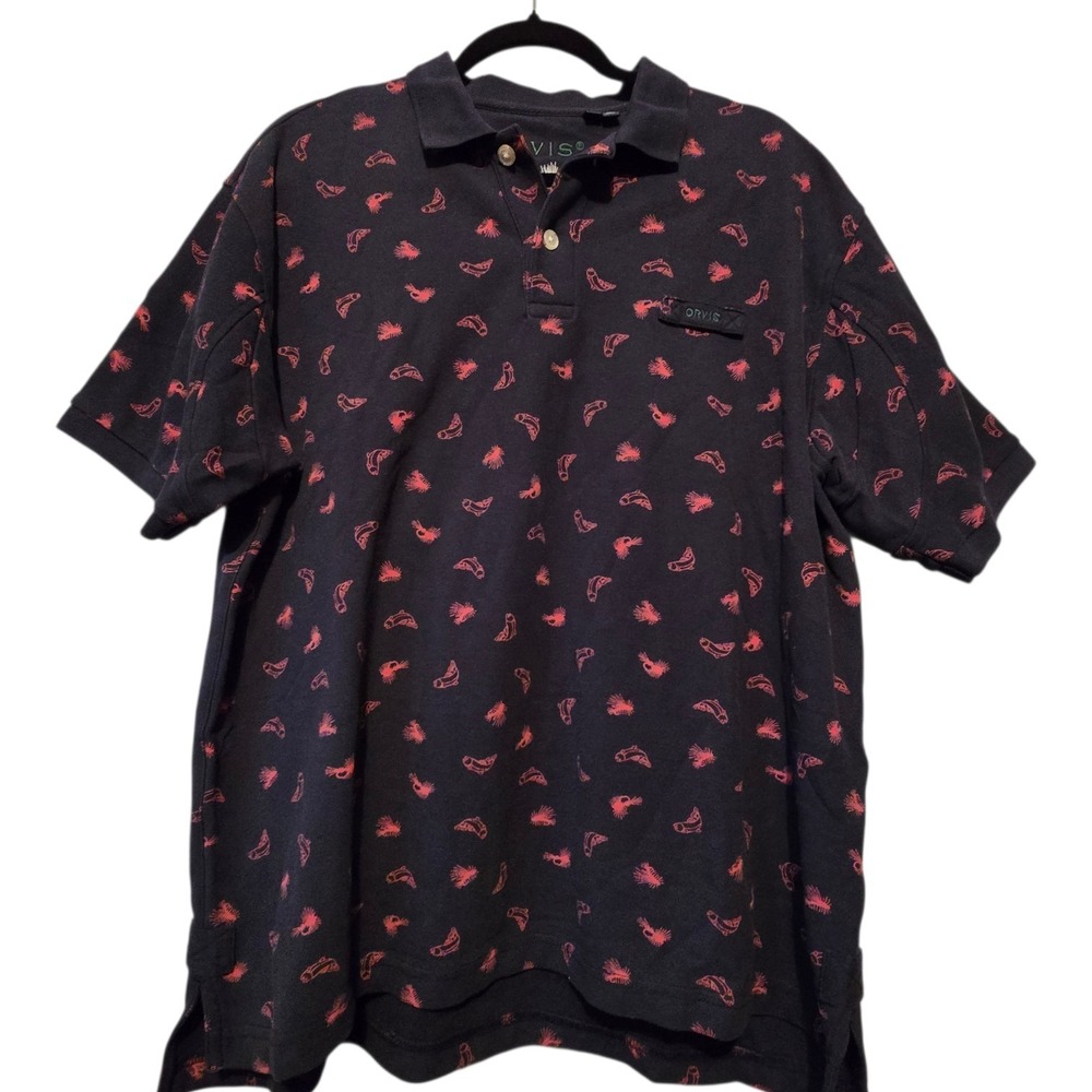 Orvis Fly Fishing Polo Shirt Men's LG Trout Pattern Navy Blue Pink Short Sleeve